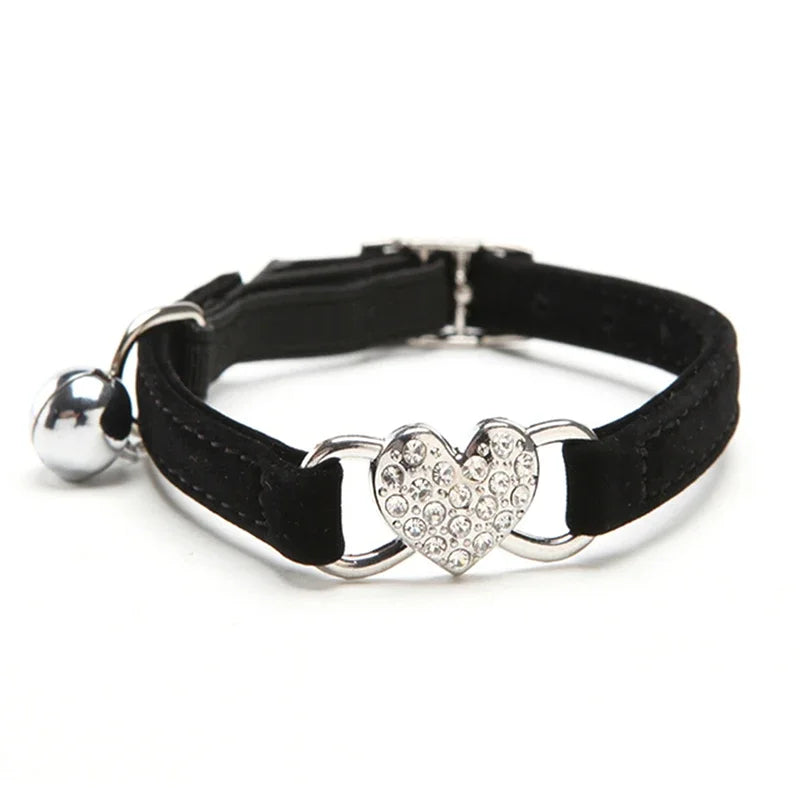 Heart Charm Cat Collar With Bell Elastic Safety Adjustable Velvet
