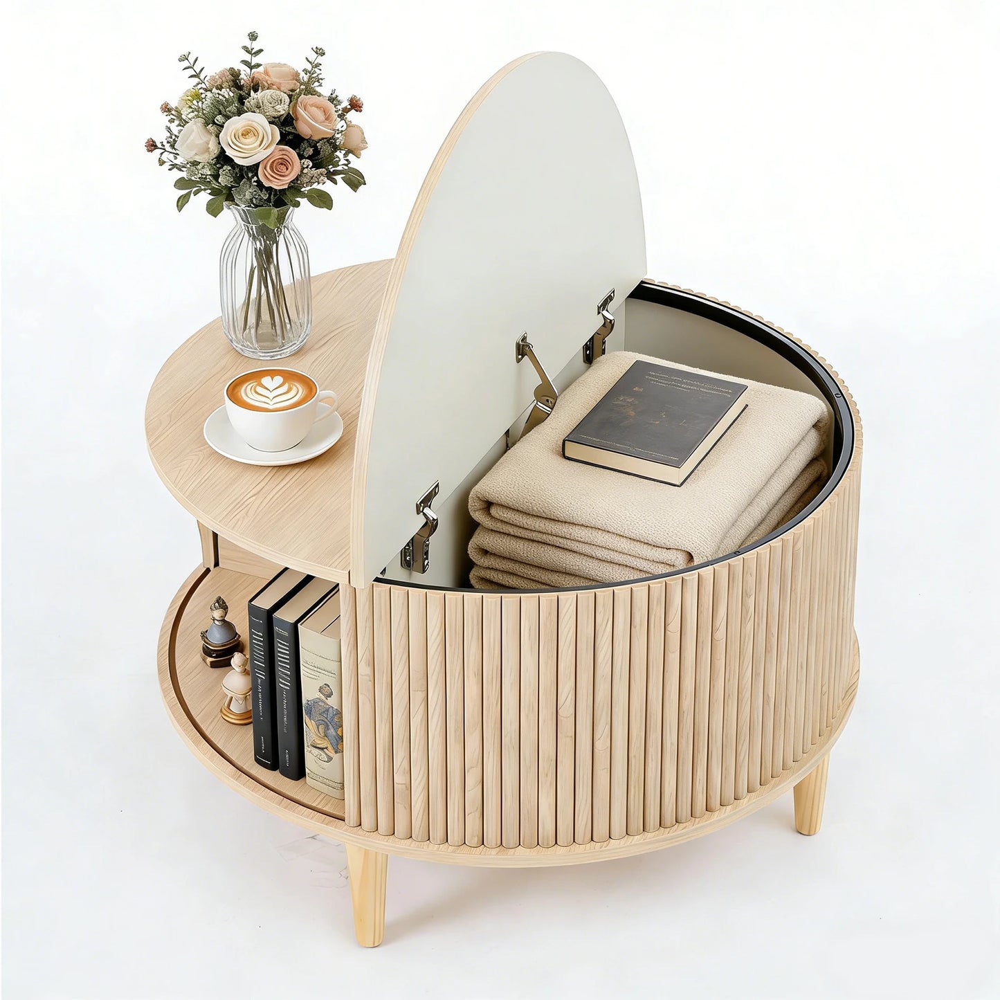 JHK Round Coffee Table With Flip-Top Storage And Sliding Door
