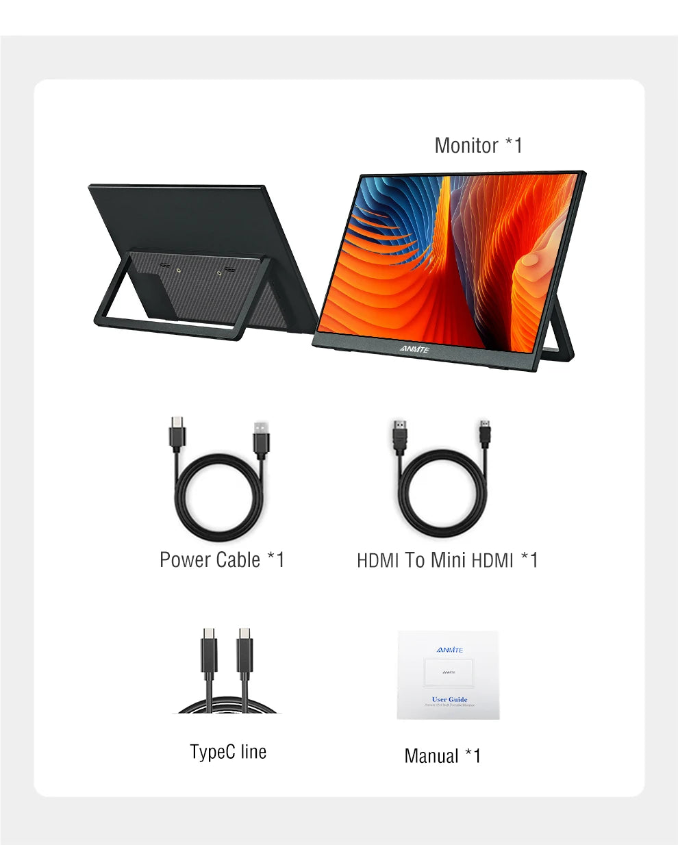 Anmite Portable Touch Monitor 1080P HDR IPS USB-C HDMI