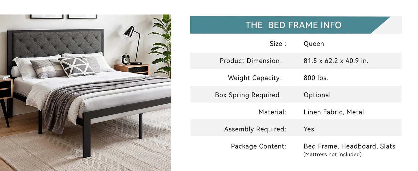 HOOMIC Metal Bed Frame With Upholstered Headboard