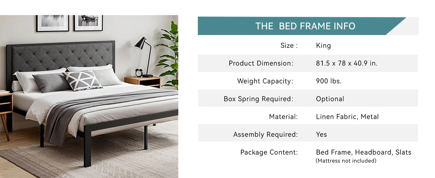 HOOMIC Metal Bed Frame With Upholstered Headboard