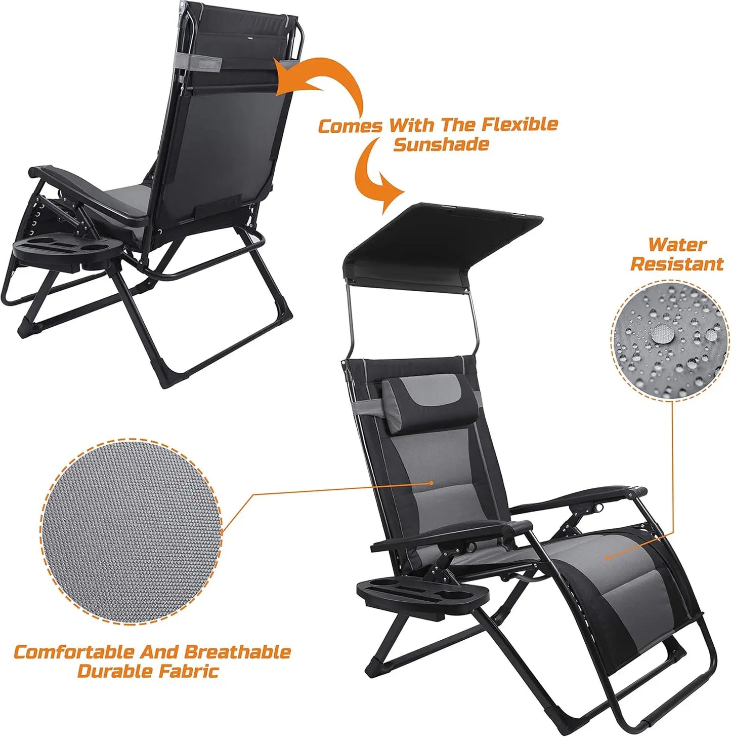 Zero Gravity Recliner Folding Chair For Outdoors With Sunshade