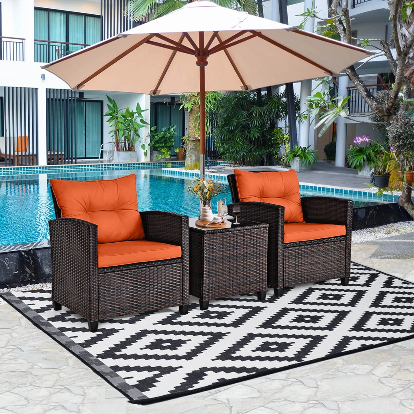 HOMASIS 3 Piece Patio Rattan Conversation Set Cushioned