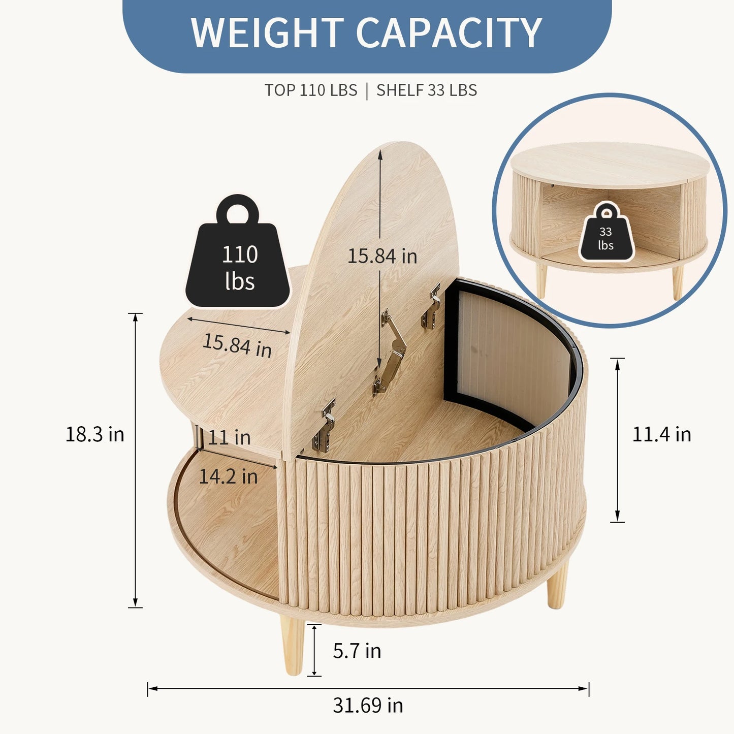 JHK Round Coffee Table With Flip-Top Storage And Sliding Door