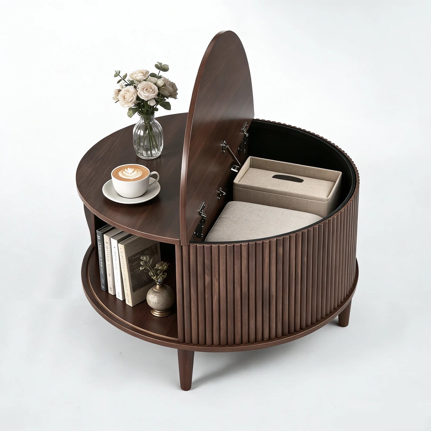 JHK Round Coffee Table With Flip-Top Storage And Sliding Door