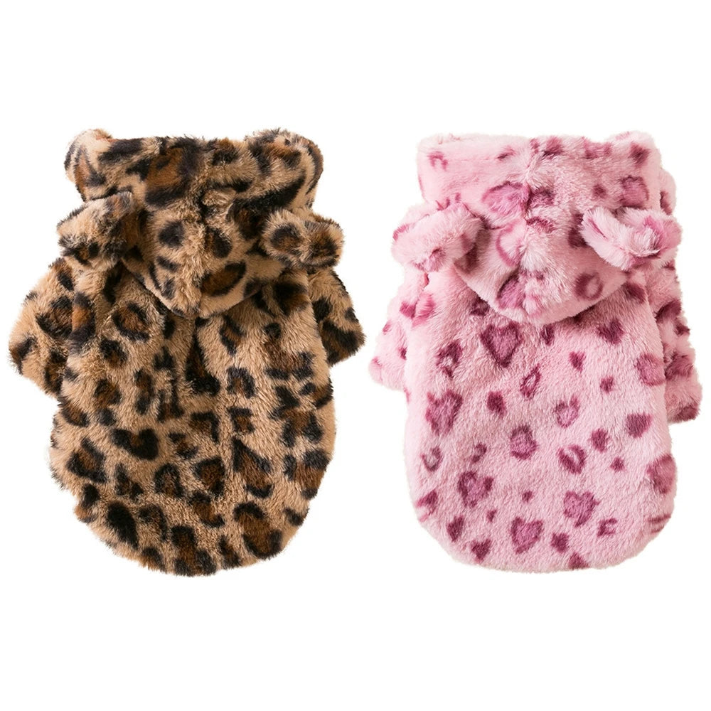 Winter Leopard Print Fleece Dog Hoodie Coat For Small Dogs