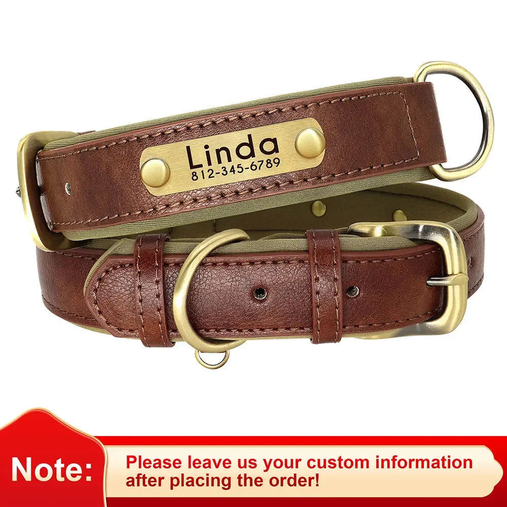 PU Leather Nameplate Dog Collar With Free Engraving Adjustable Padded