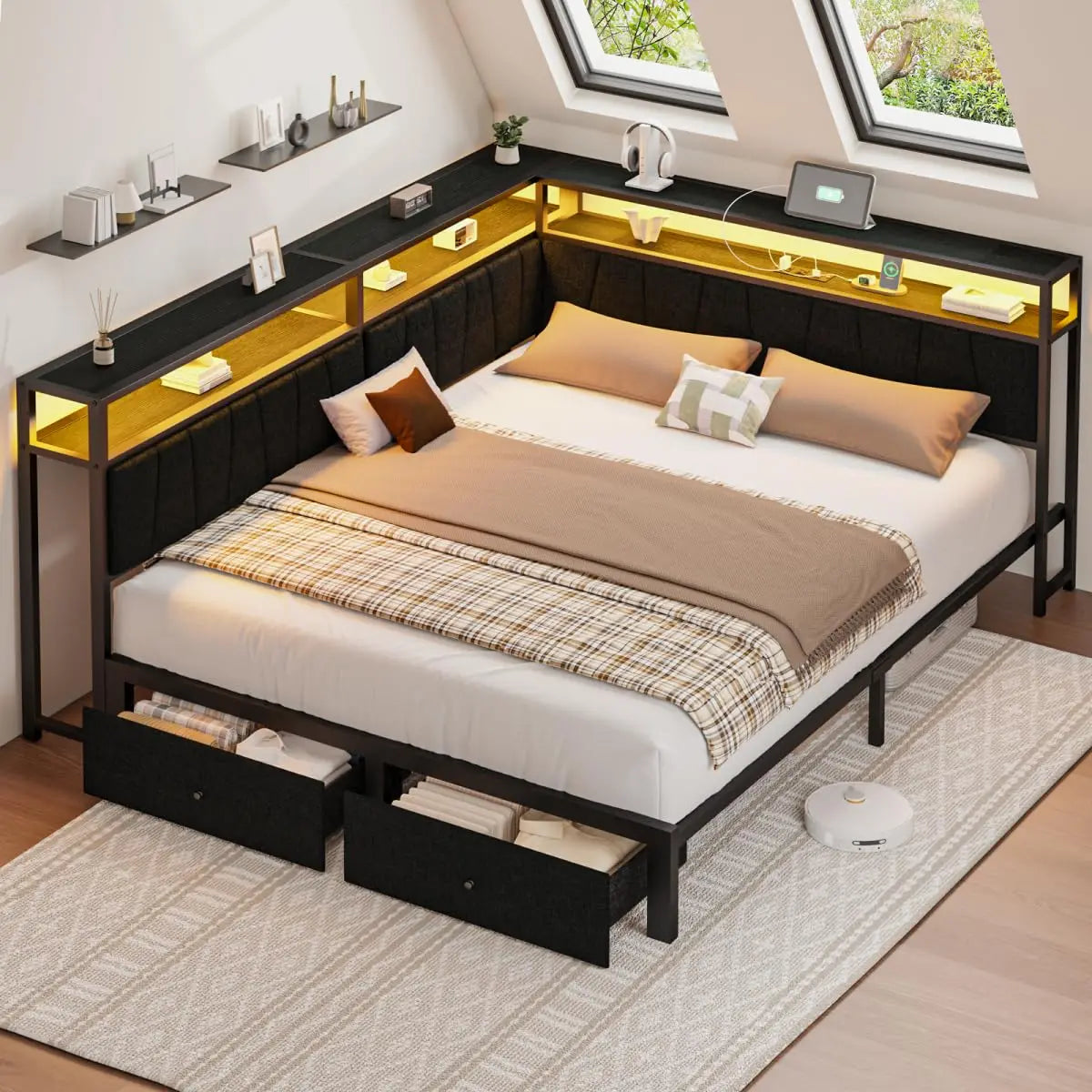 Queen Corner Bed Frame With USB Charging LED Lights Drawers