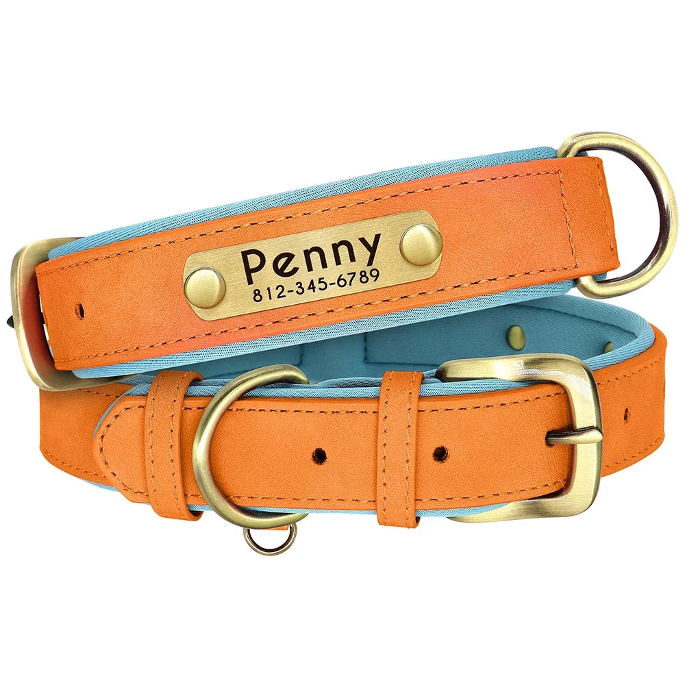 PU Leather Nameplate Dog Collar With Free Engraving Adjustable Padded