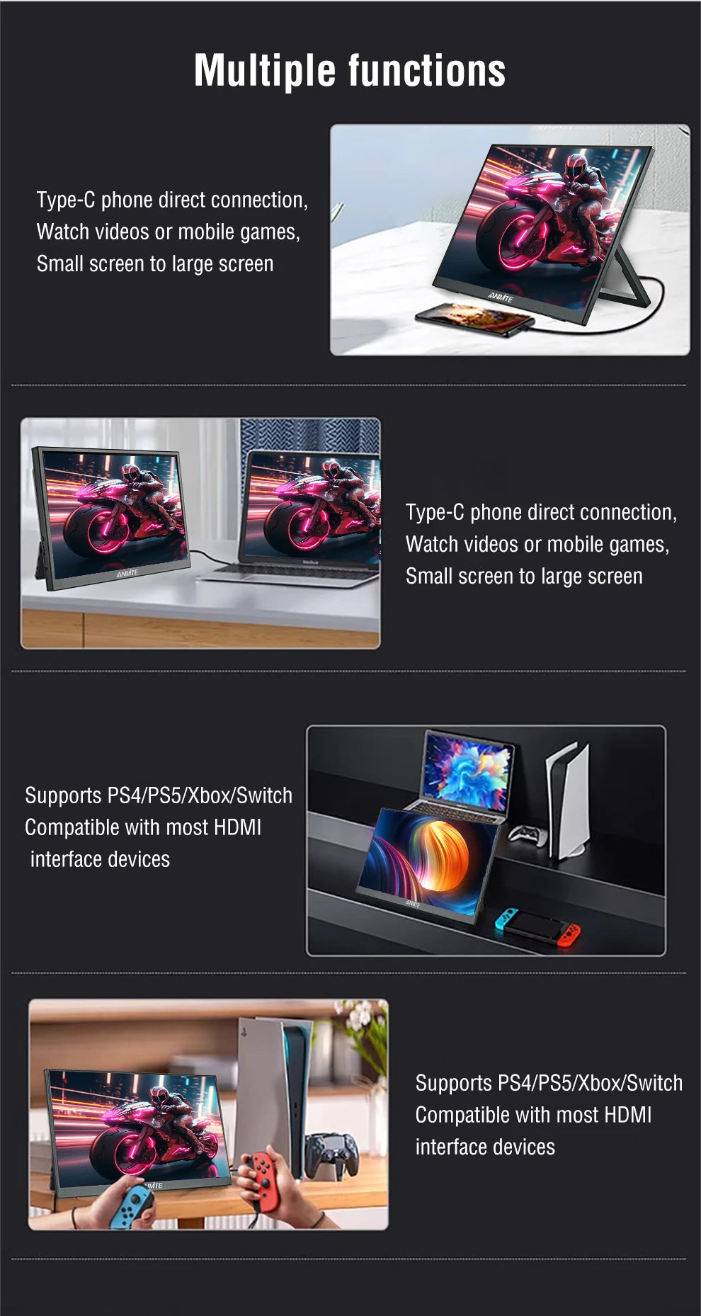 Anmite Portable Touch Monitor 1080p HDR IPS USB C HDMI
