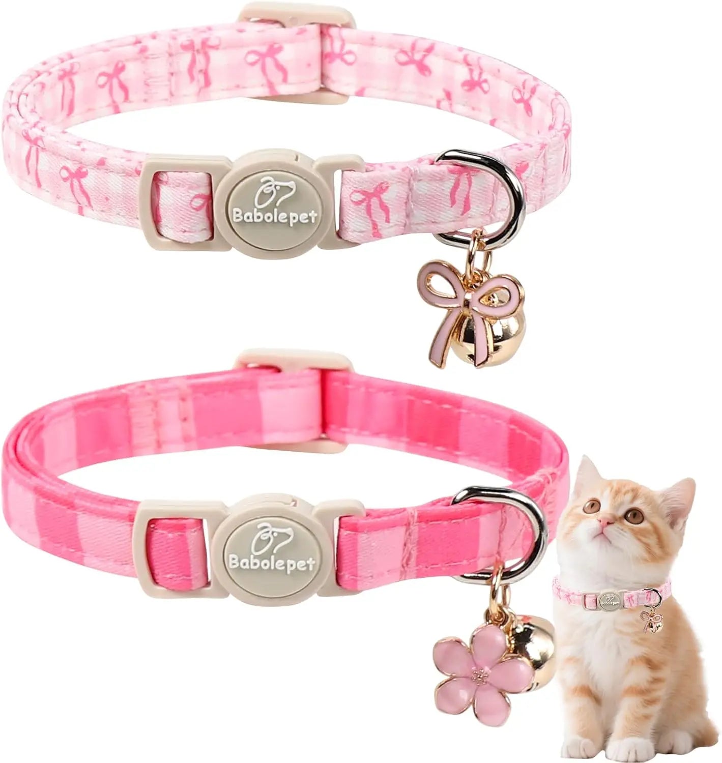 Cat Collars With Bell And Flower Pendant Adjustable Plaid Design