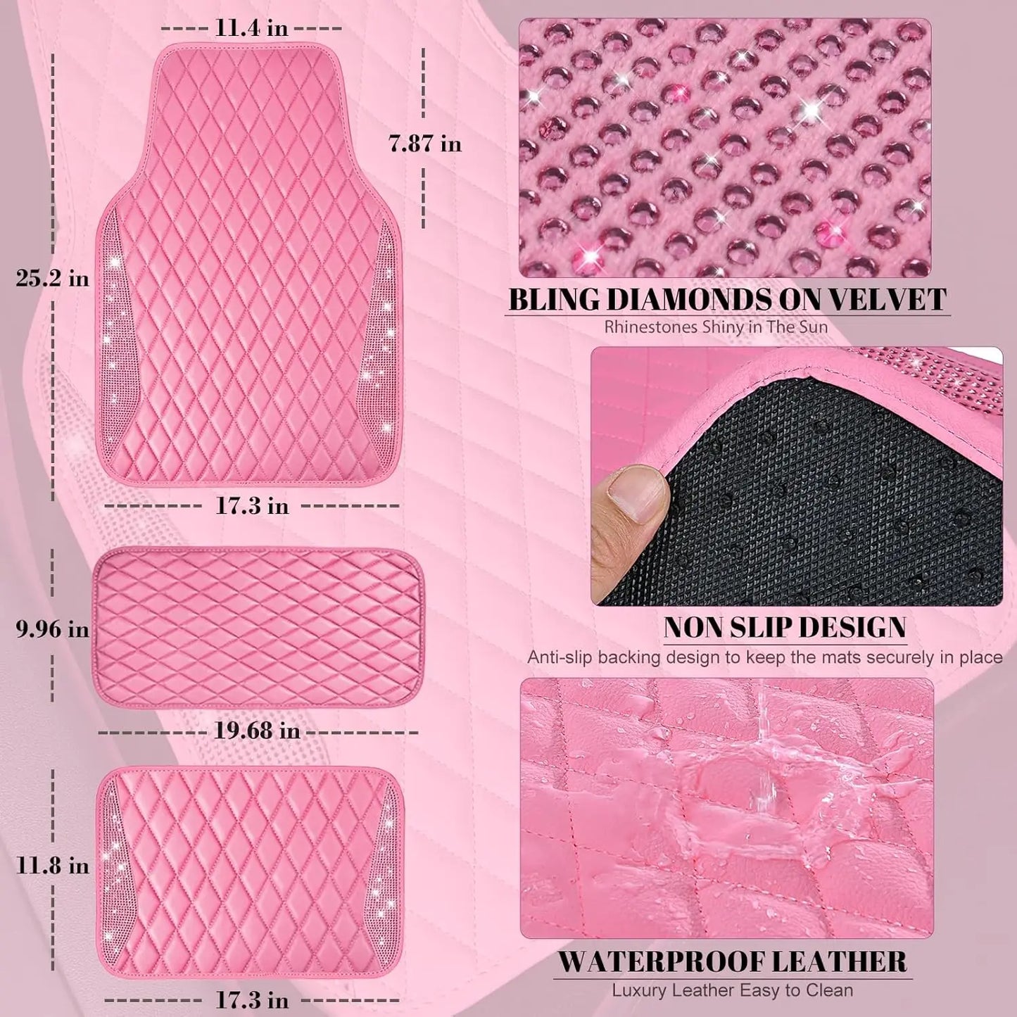 Bling Diamond Car Mats With Rhinestones Glitter Anti Slip Waterproof