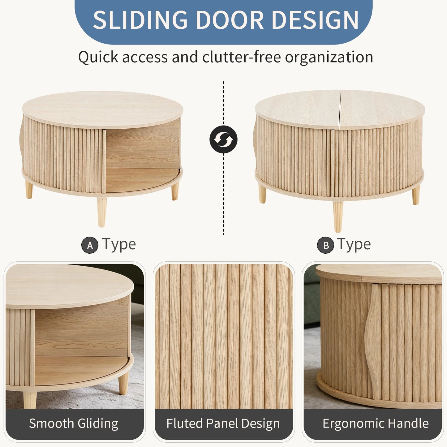 JHK Round Coffee Table With Flip-Top Storage And Sliding Door