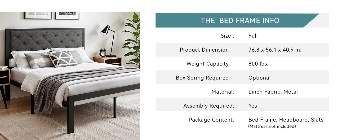 HOOMIC Metal Bed Frame With Upholstered Headboard