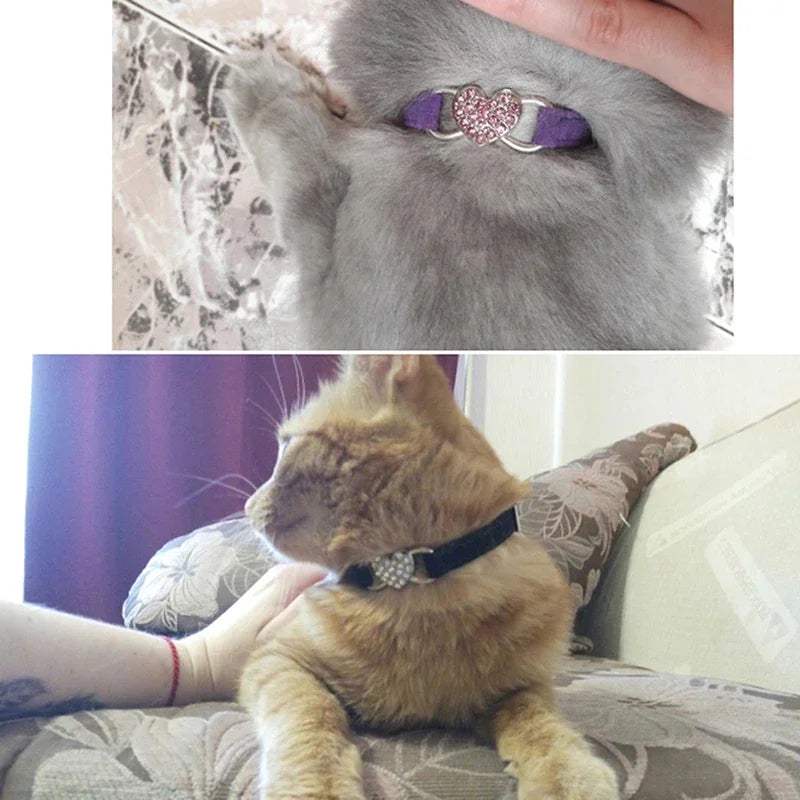 Heart Charm Cat Collar With Bell Elastic Safety Adjustable Velvet