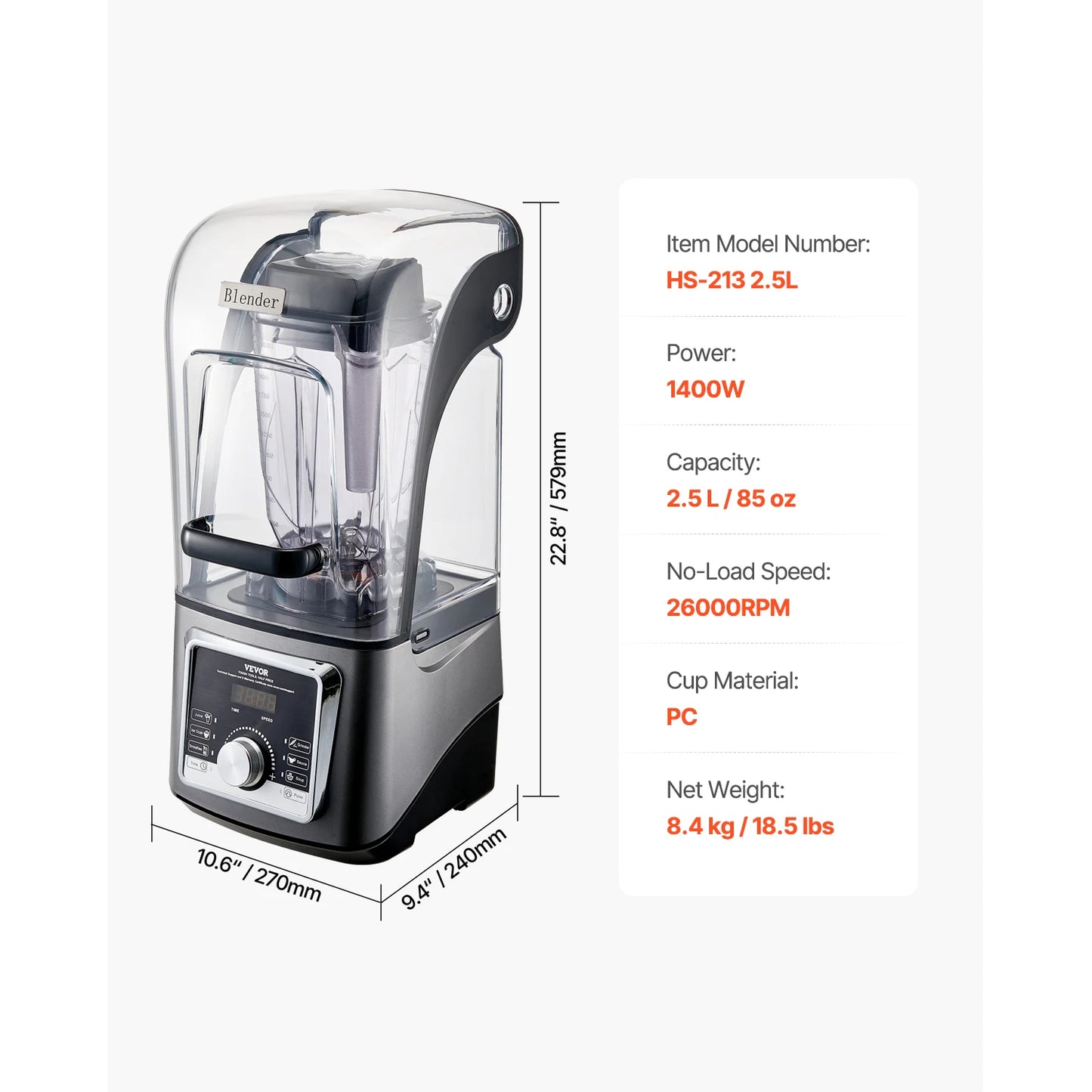 VEVOR 1400W Electric Blender For Smoothies With Noise Cover