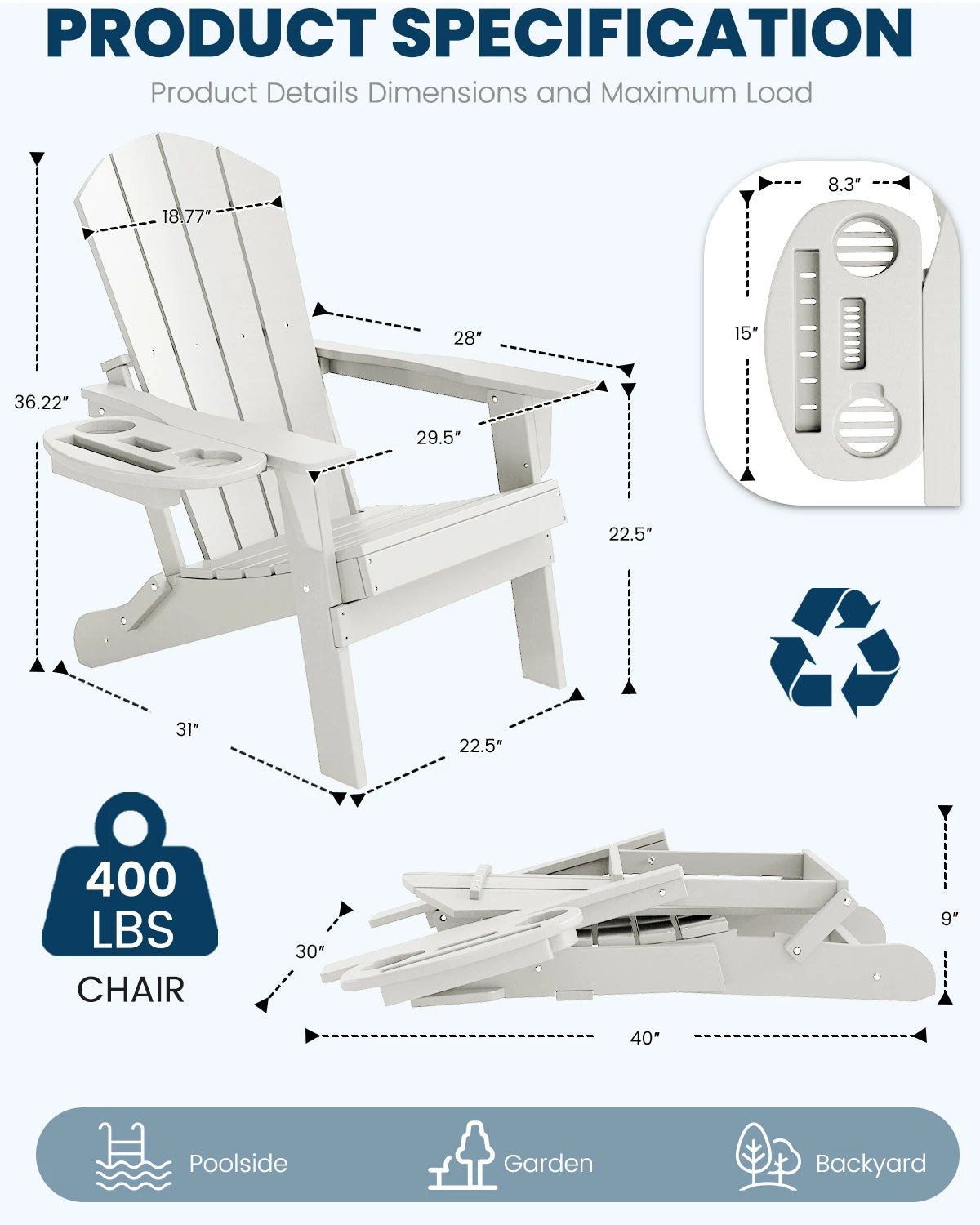 Folding Adirondack Chair With Cup Holder Weather Resistant HDPE Patio