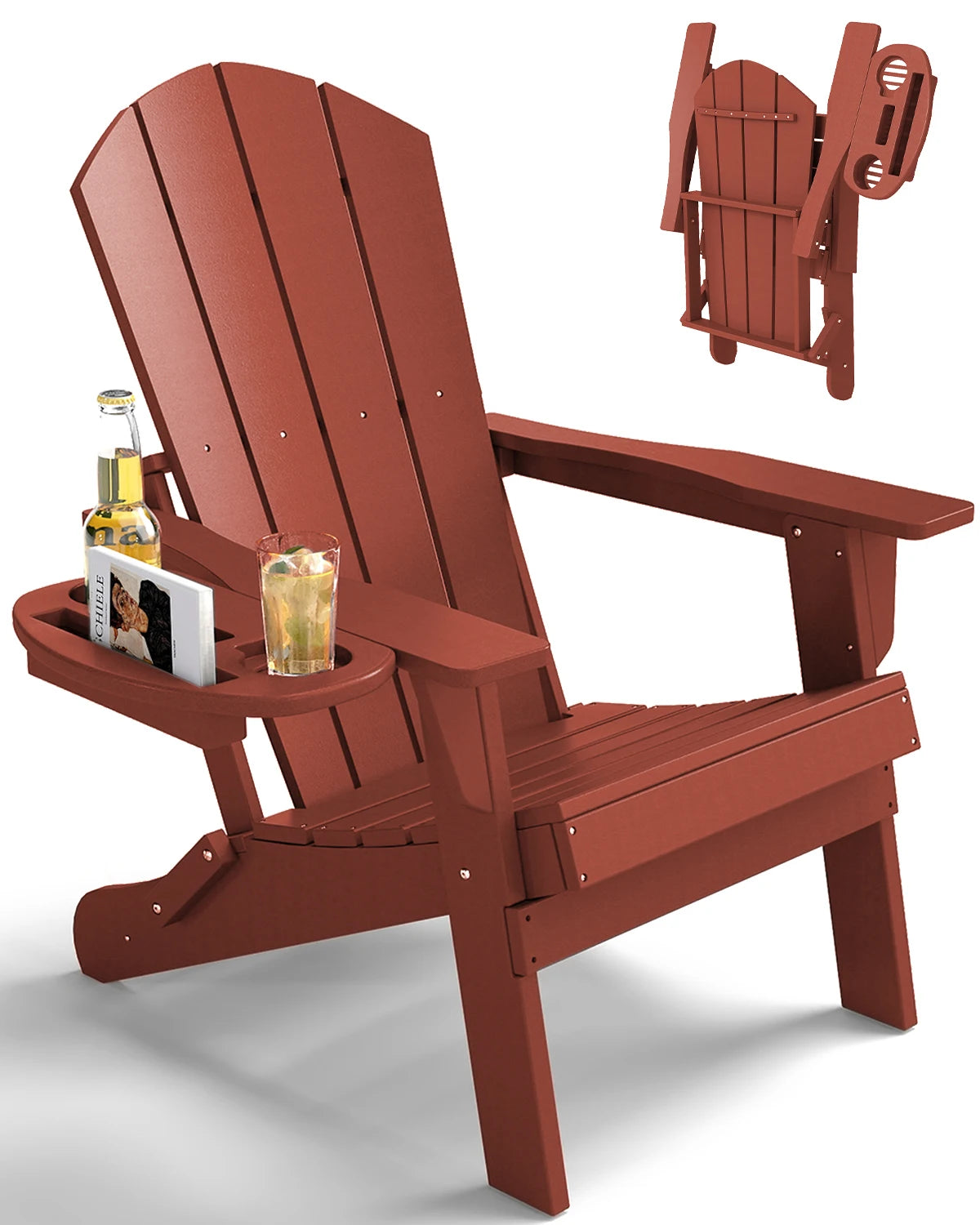 Folding Adirondack Chair With Cup Holder Weather Resistant HDPE Patio