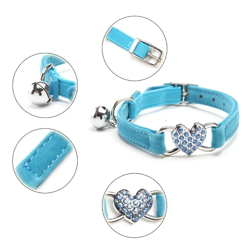 Heart Charm Cat Collar With Bell Elastic Safety Adjustable Velvet