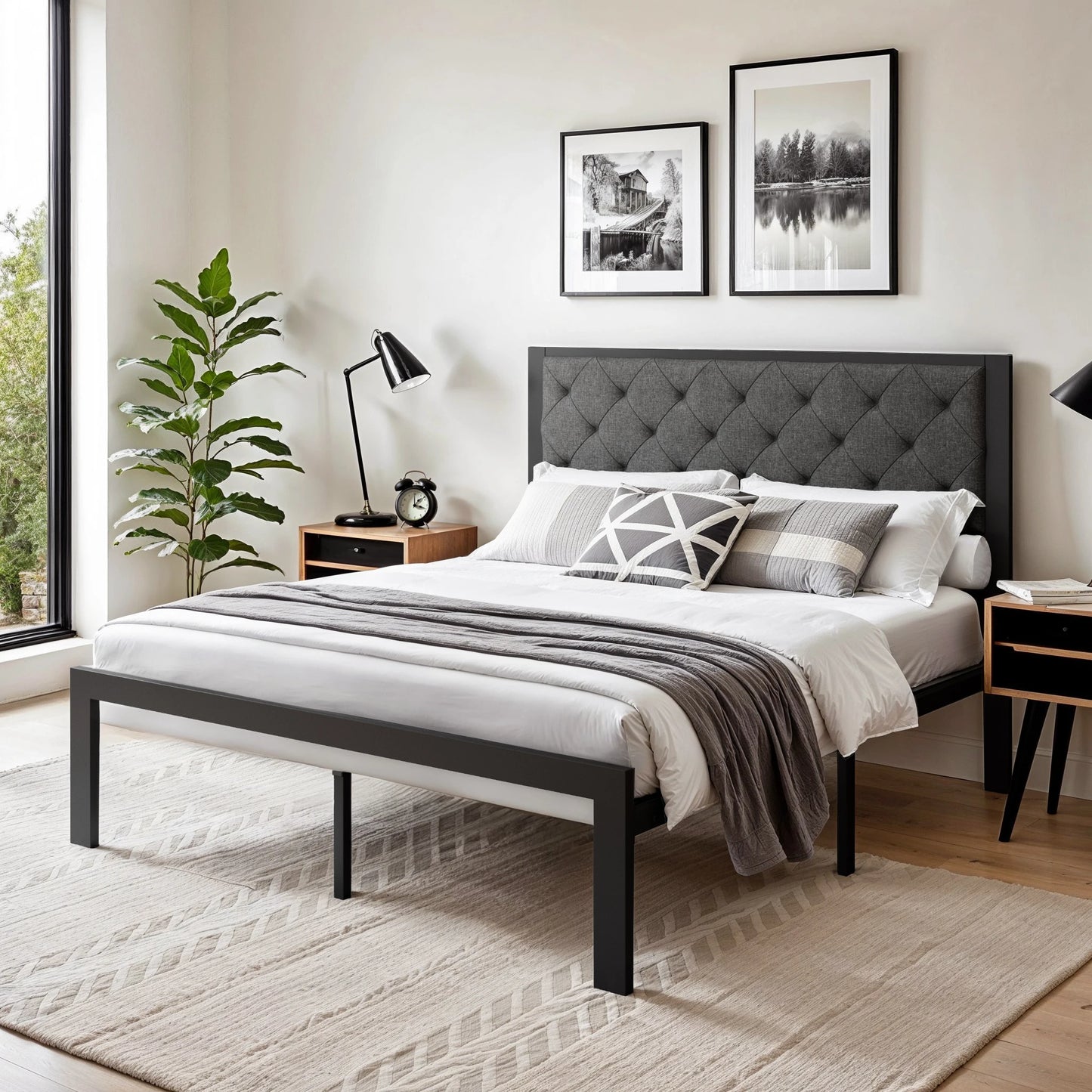 HOOMIC Metal Bed Frame With Upholstered Headboard