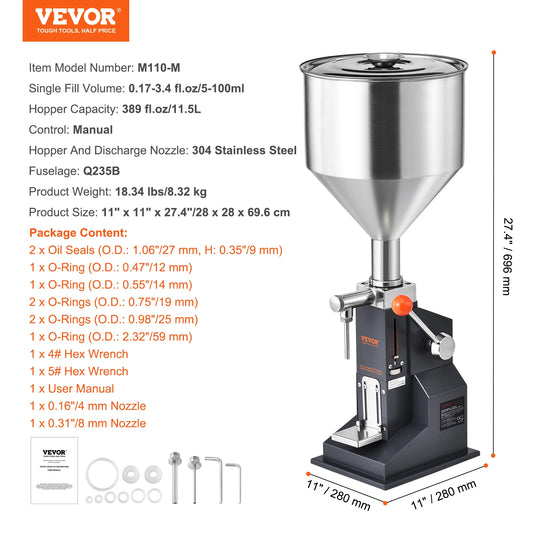 VEVOR Manual Liquid Filling Machine With Hopper 5-50ml To 5-100ml