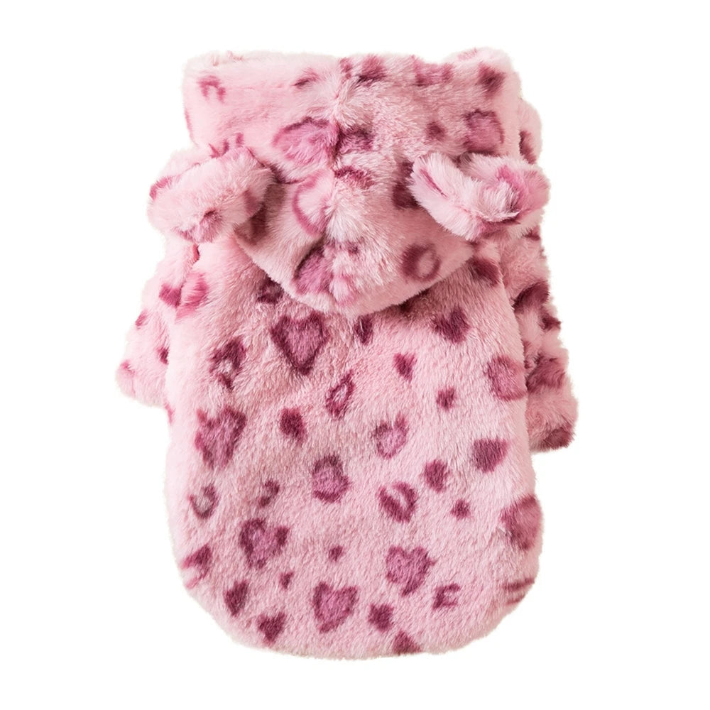 Winter Leopard Print Fleece Dog Hoodie Coat For Small Dogs