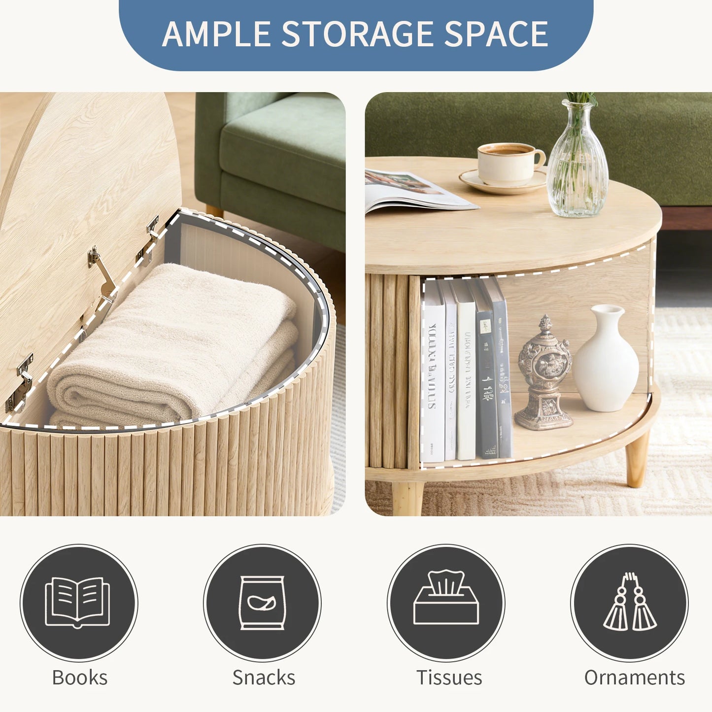 JHK Round Coffee Table With Flip-Top Storage And Sliding Door