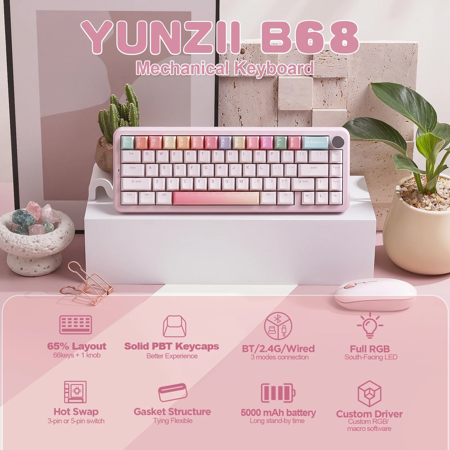 YUNZII B68 Wireless Mechanical Gaming Keyboard Tri Mode Hot Swappable