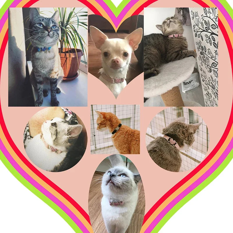 Heart Charm Cat Collar With Bell Elastic Safety Adjustable Velvet