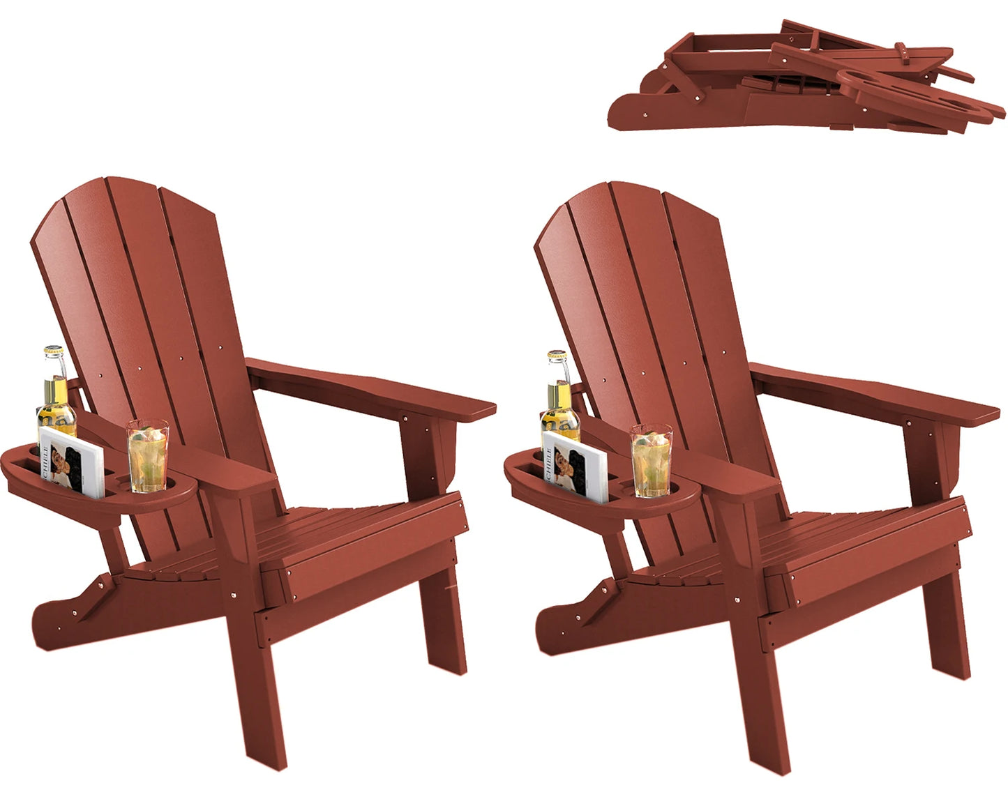 Folding Adirondack Chair With Cup Holder Weather Resistant HDPE Patio