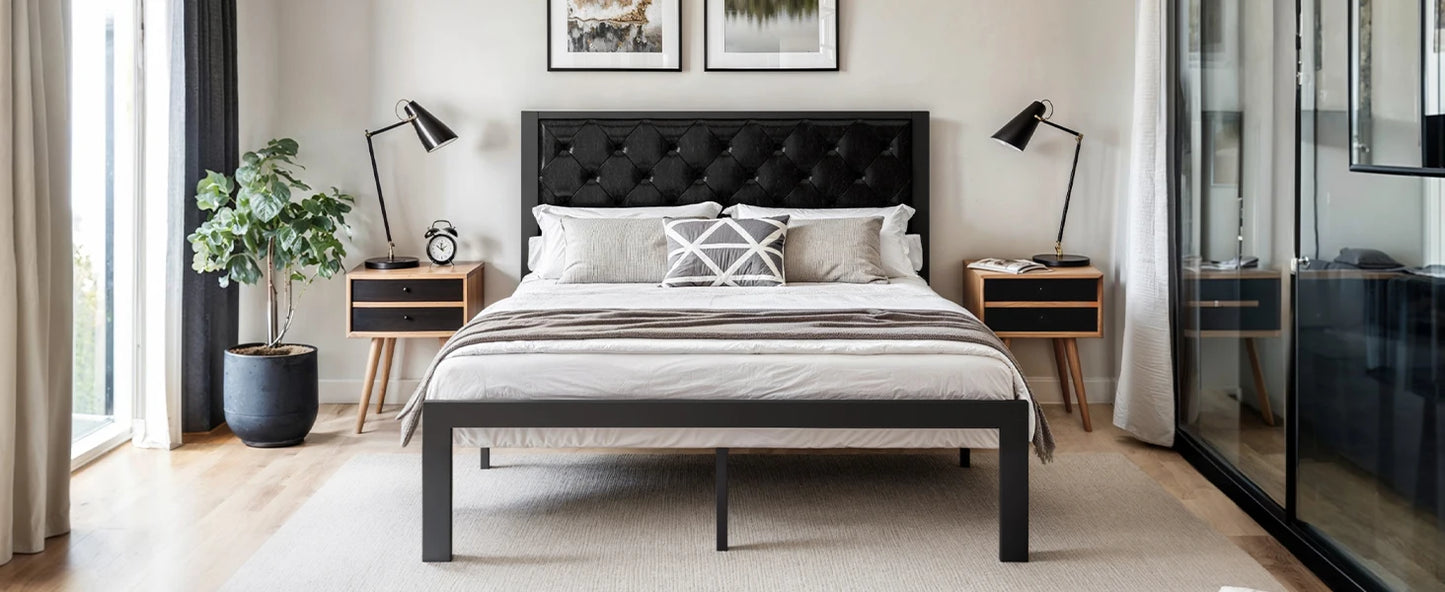 HOOMIC Metal Bed Frame With Upholstered Headboard