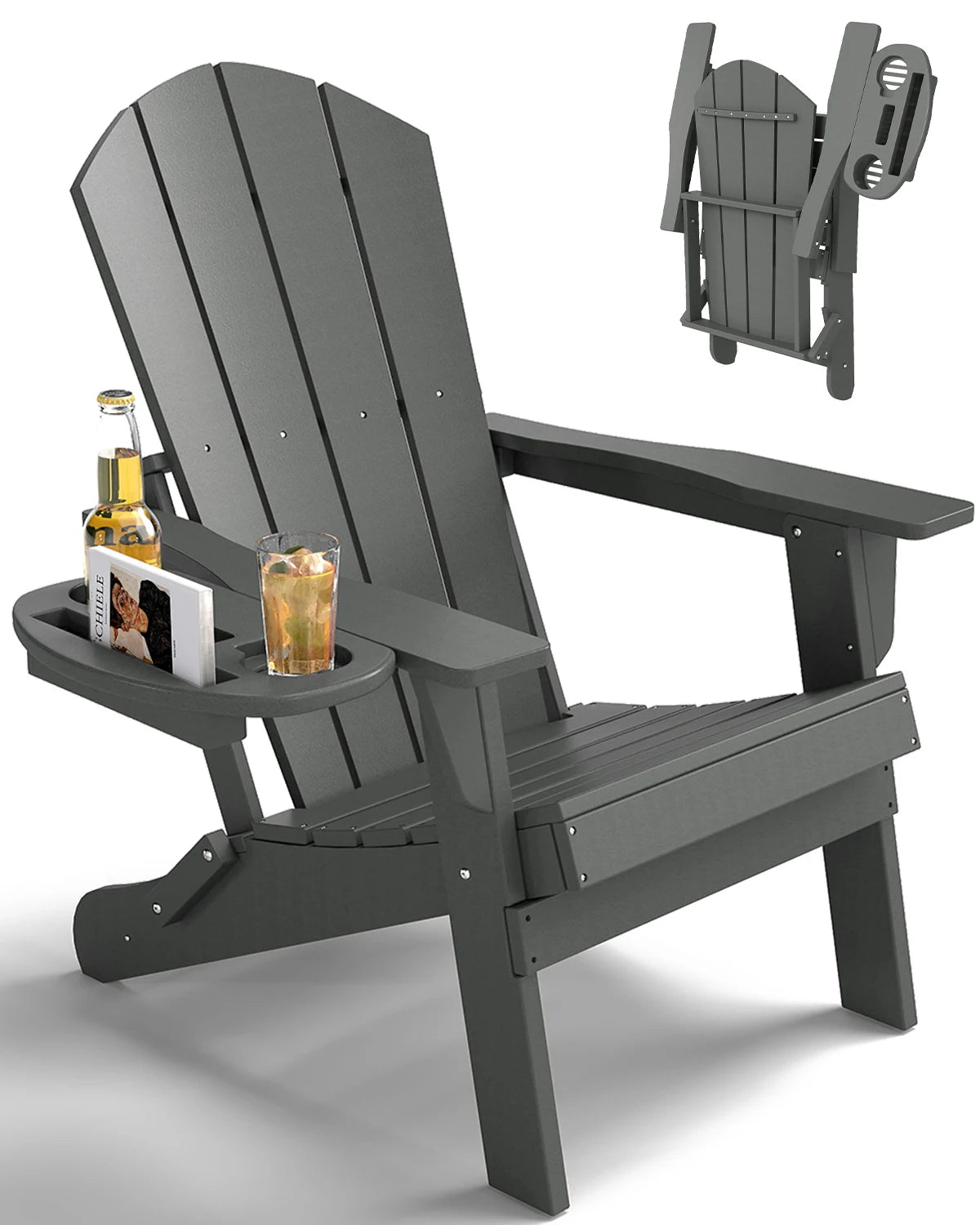 Folding Adirondack Chair With Cup Holder Weather Resistant HDPE Patio