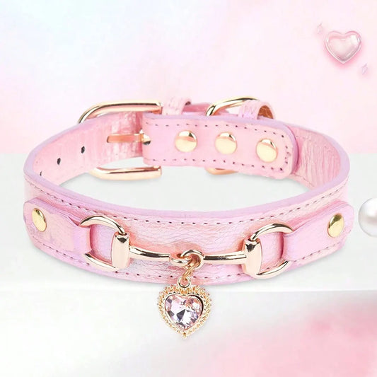 PU Leather Delicate Dog Collar Jeweled Gemstone Decoration