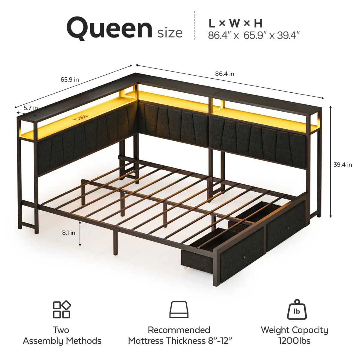 Queen Corner Bed Frame With USB Charging LED Lights Drawers