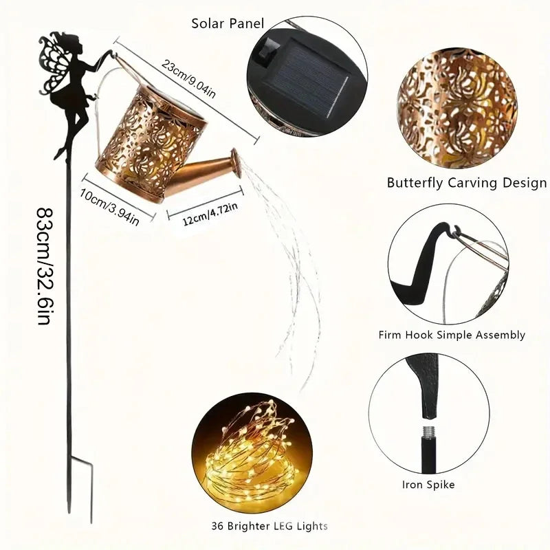 FREEPOWER Solar Watering Can With Lights Outdoor Garden Decor