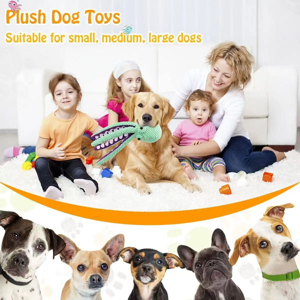 Qzee Plush Octopus Dog Toy Squeaker Interactive Boredom Solution