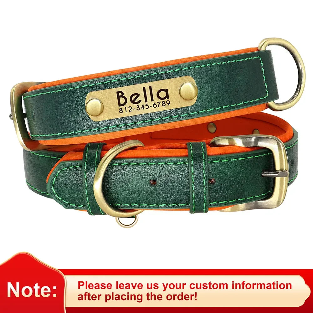 PU Leather Nameplate Dog Collar With Free Engraving Adjustable Padded