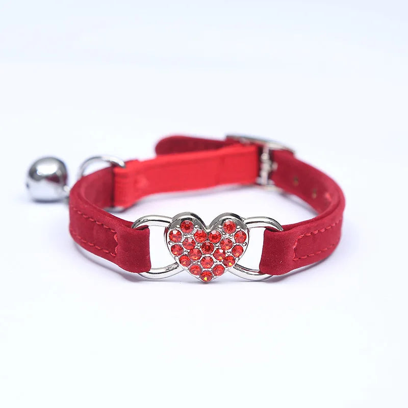 Heart Charm Cat Collar With Bell Elastic Safety Adjustable Velvet
