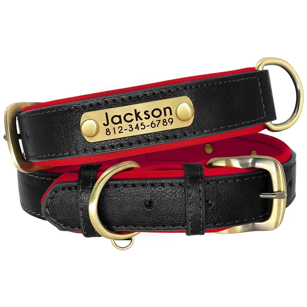 PU Leather Nameplate Dog Collar With Free Engraving Adjustable Padded