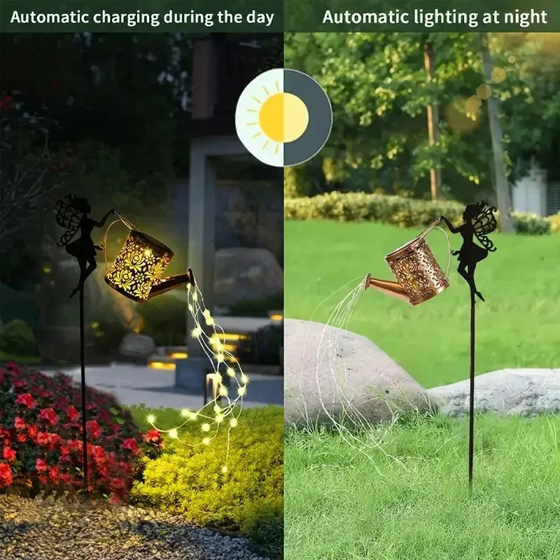 FREEPOWER Solar Watering Can With Lights Outdoor Garden Decor