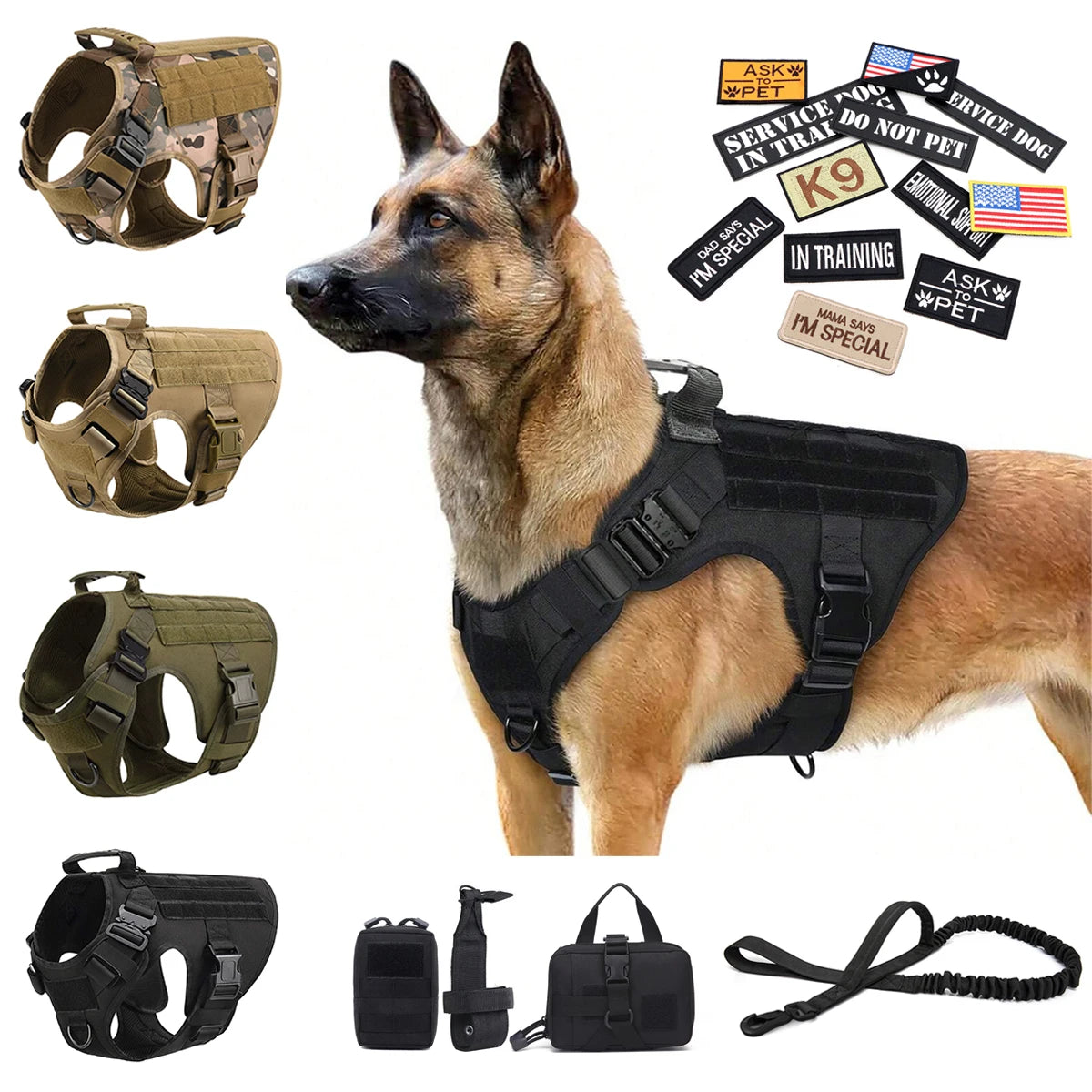 PETRAVEL CN Military Dog Harness Vest Leash Set With Patches