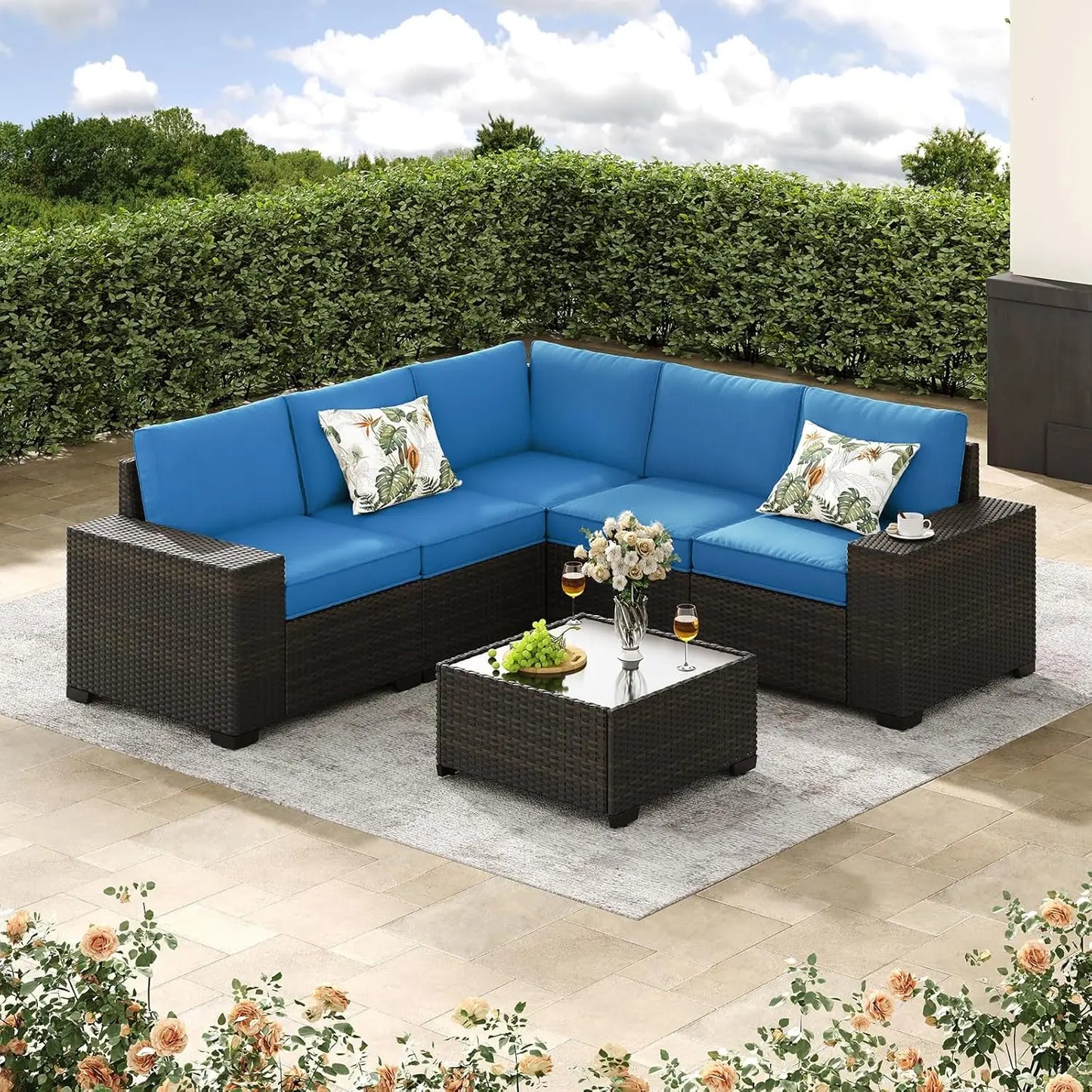 6 Piece All Weather Patio Furniture Set With Wicker Sectional Sofa