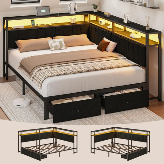 Queen Corner Bed Frame With USB Charging LED Lights Drawers