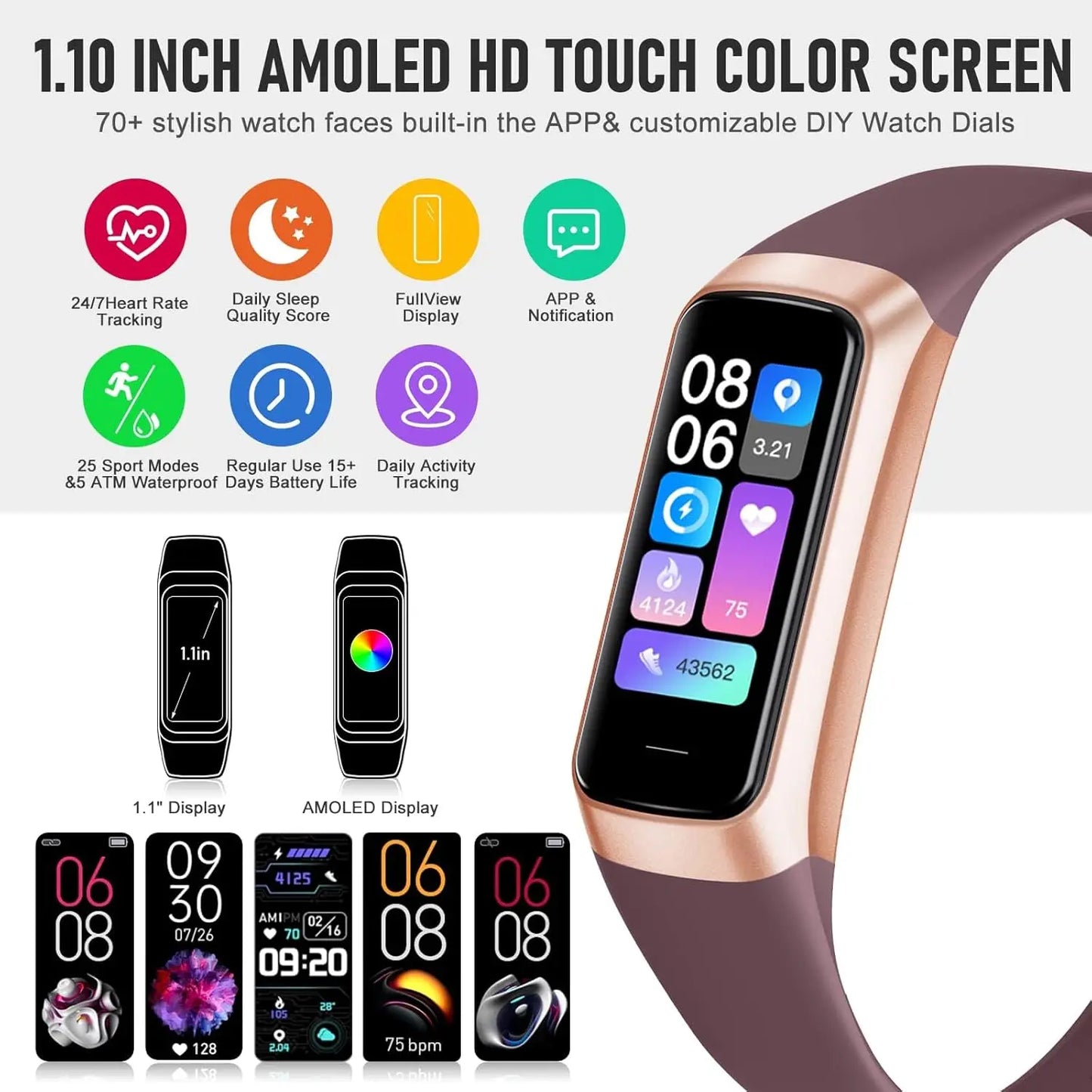 Fitness Tracker With 24 Hour Heart Rate, Blood Oxygen, Blood Pressure AMOLED