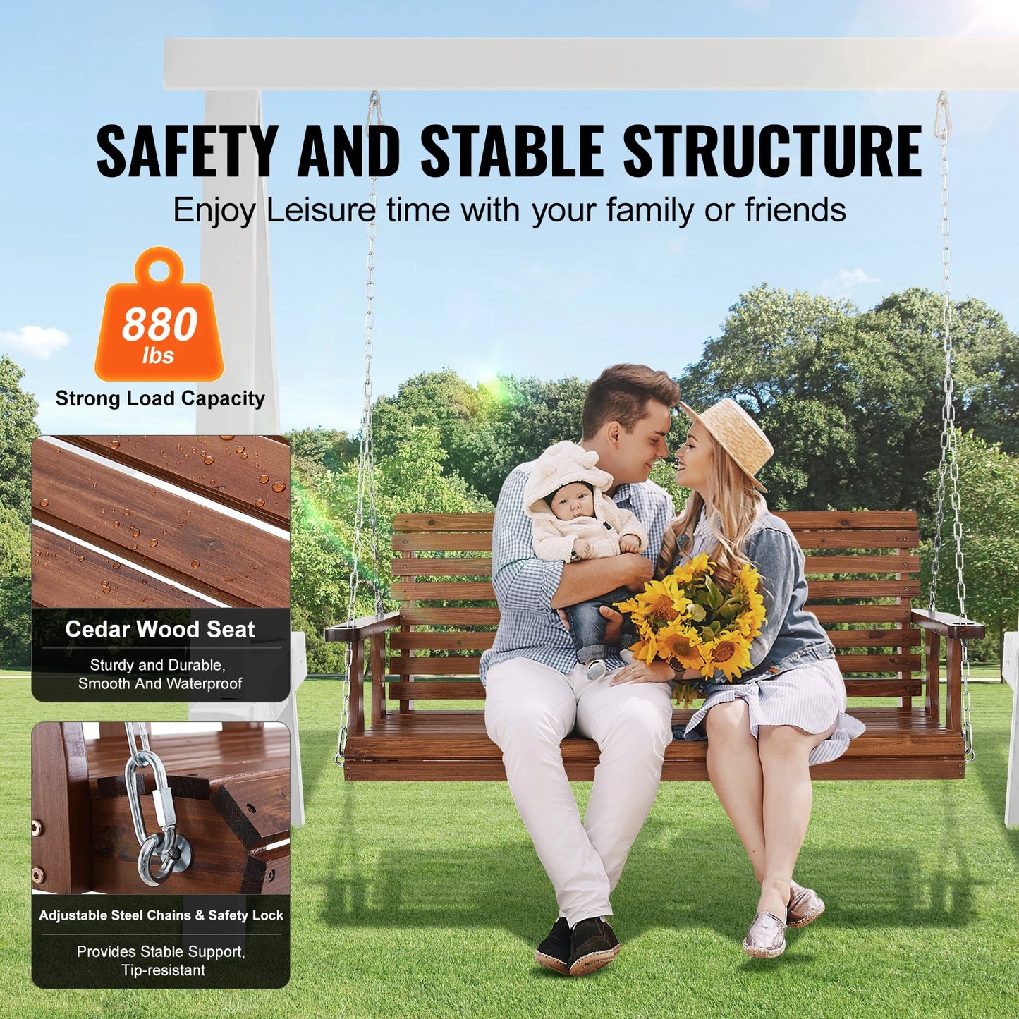 SucceBuy Cedar Wood Porch Swing Outdoor Garden Bench With Steel Chains