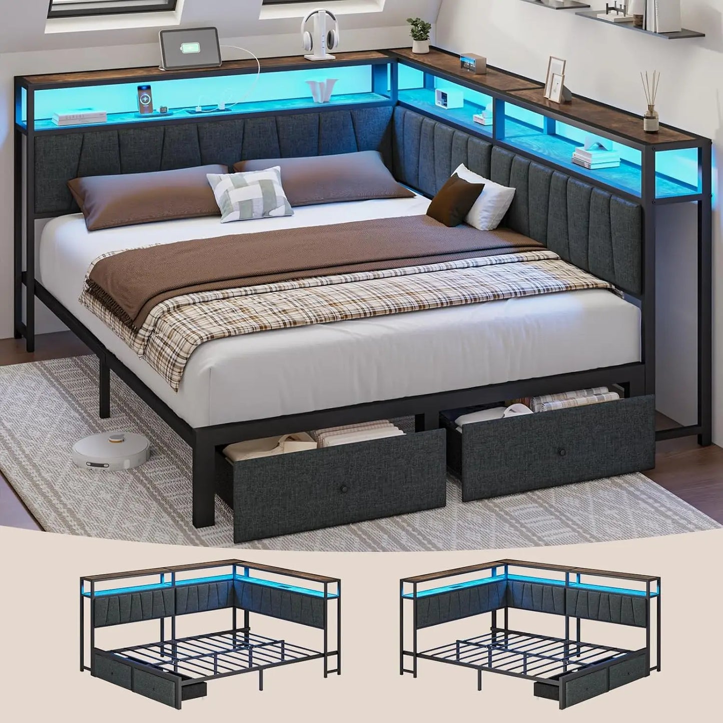 Queen Corner Bed Frame With USB Charging LED Lights Drawers