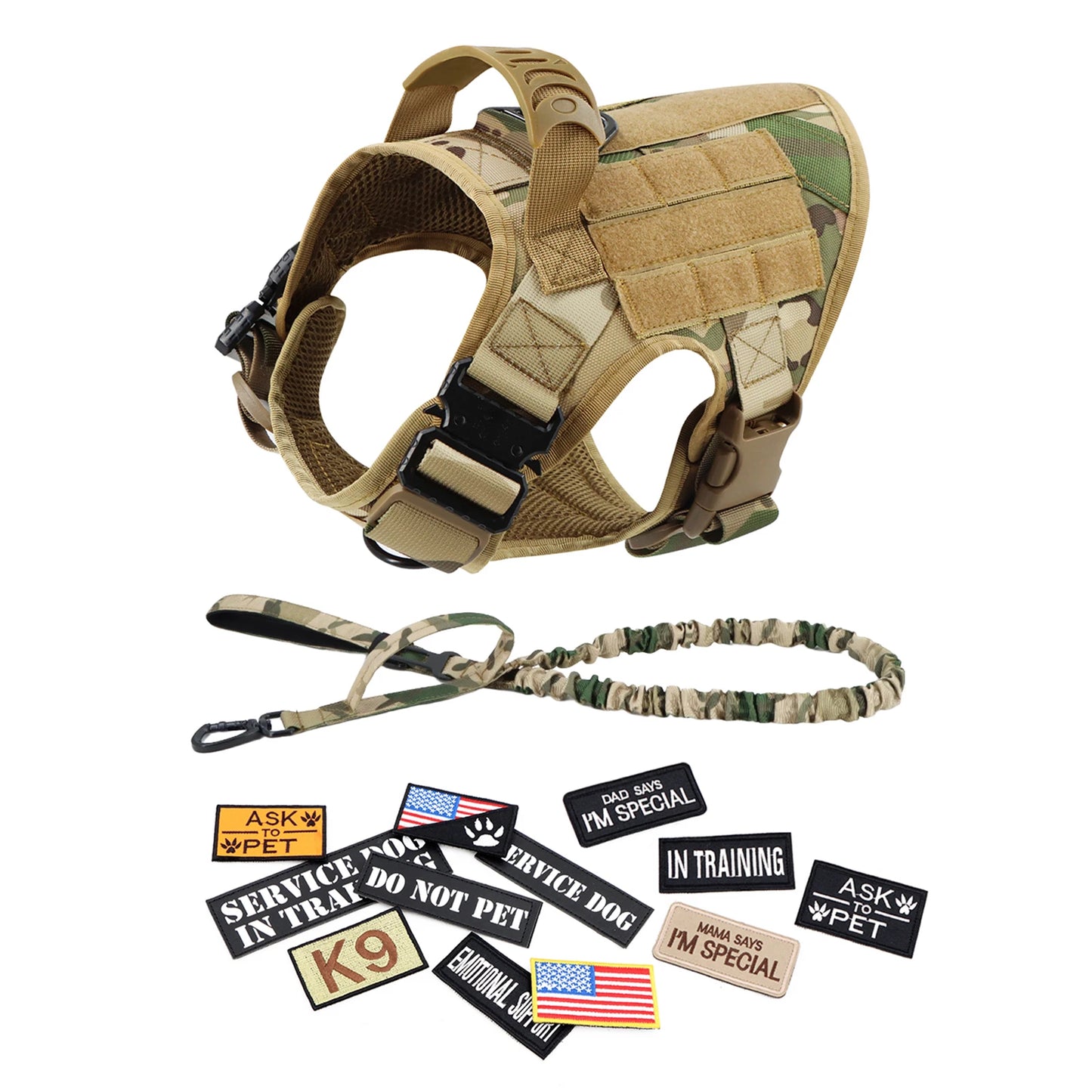 PETRAVEL CN Military Dog Harness Vest Leash Set With Patches