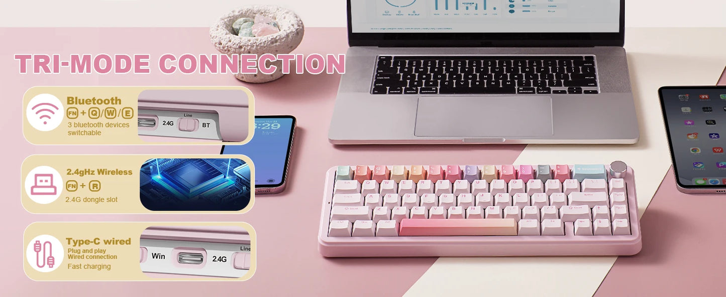 YUNZII B68 Wireless Mechanical Gaming Keyboard Tri Mode Hot Swappable