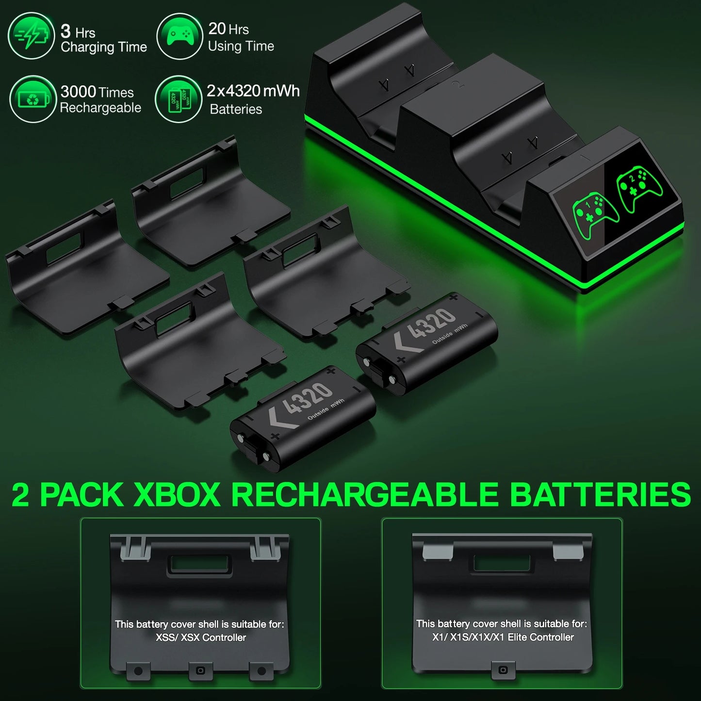 Beboncool S05 Rechargeable Batteries With Dual Fast Charger For Xbox