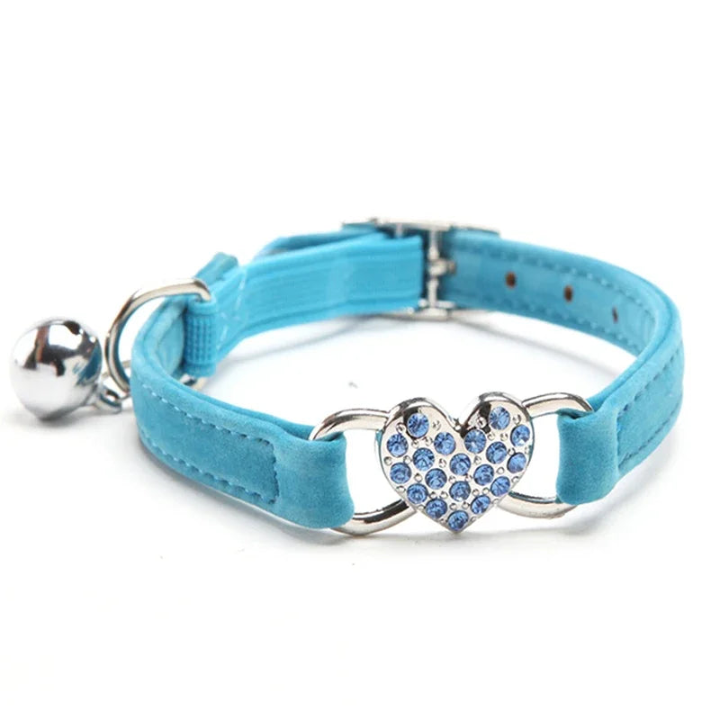 Heart Charm Cat Collar With Bell Elastic Safety Adjustable Velvet